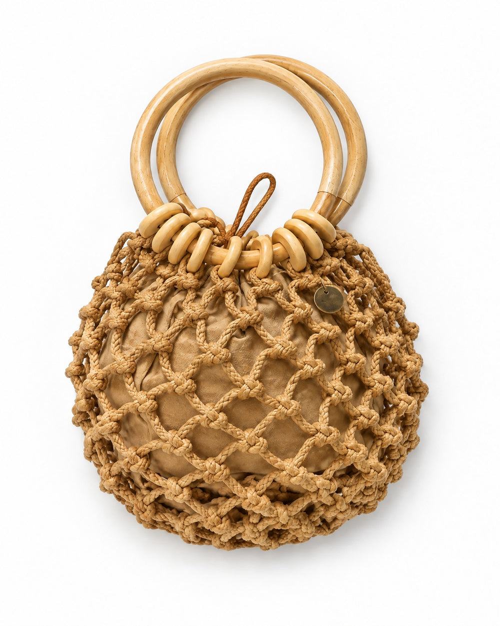 Bolsa de Corda em Rede com Alças de Madeira Búzios — Marrom