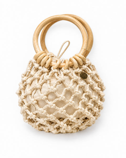Bolsa de Corda em Rede com Alças de Madeira Búzios
