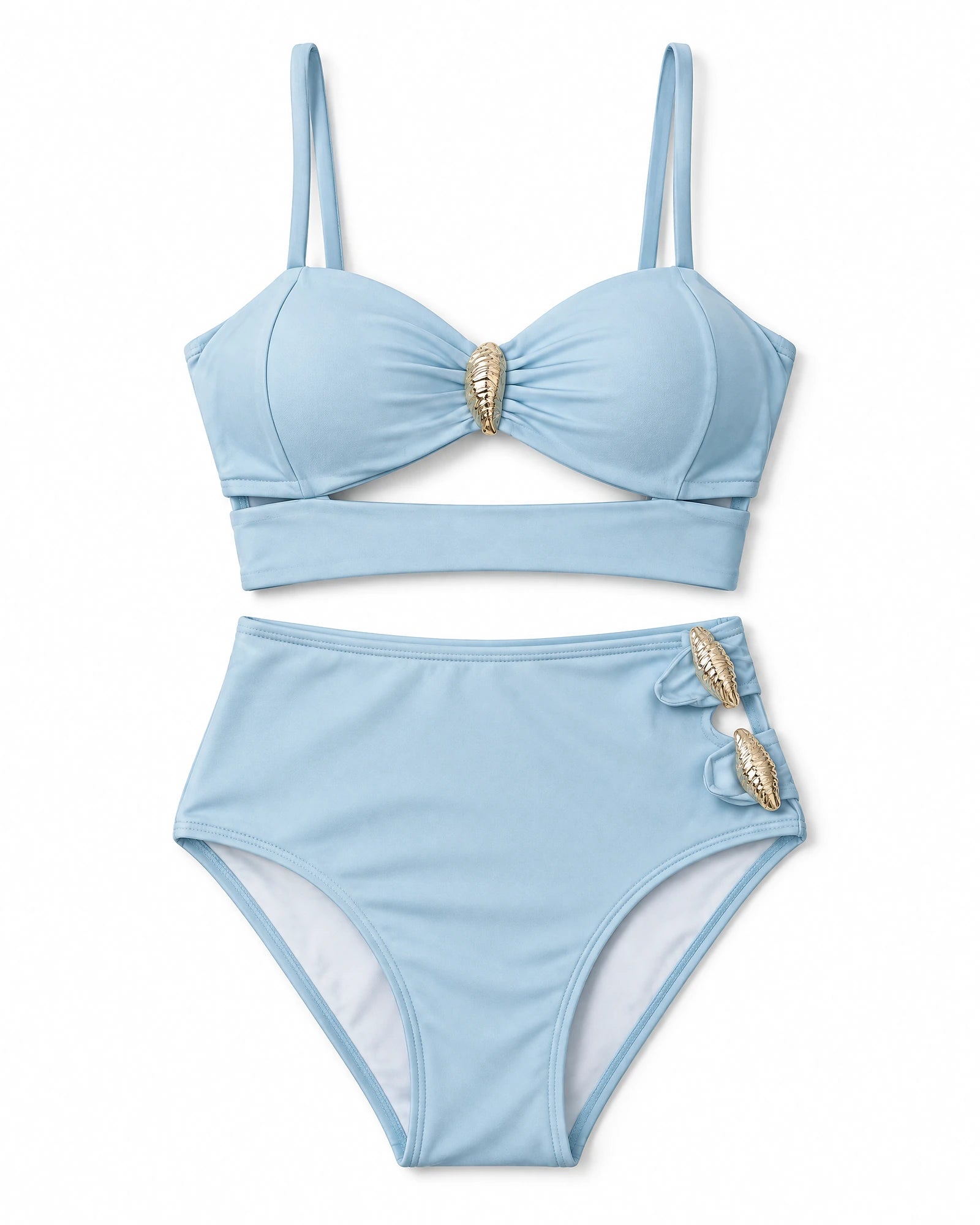 Biquíni Cintura Alta com Recorte e Fivela Boho Chic — Azul Claro, conjunto completo de top e calcinha