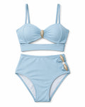 Biquíni Cintura Alta com Recorte e Fivela Boho Chic — Azul Claro, conjunto completo de top e calcinha