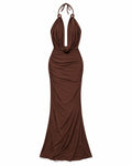 Vestido Longo Frente Única Decote Drapeado Serena — Marrom