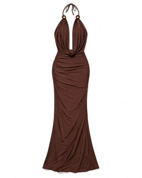 Vestido Longo Frente Única Decote Drapeado Serena