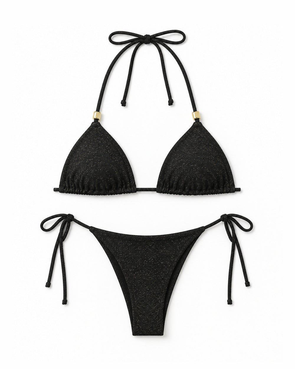Biquíni Cortininha com Brilho Dourado Shine — Preto, conjunto completo de top e calcinha