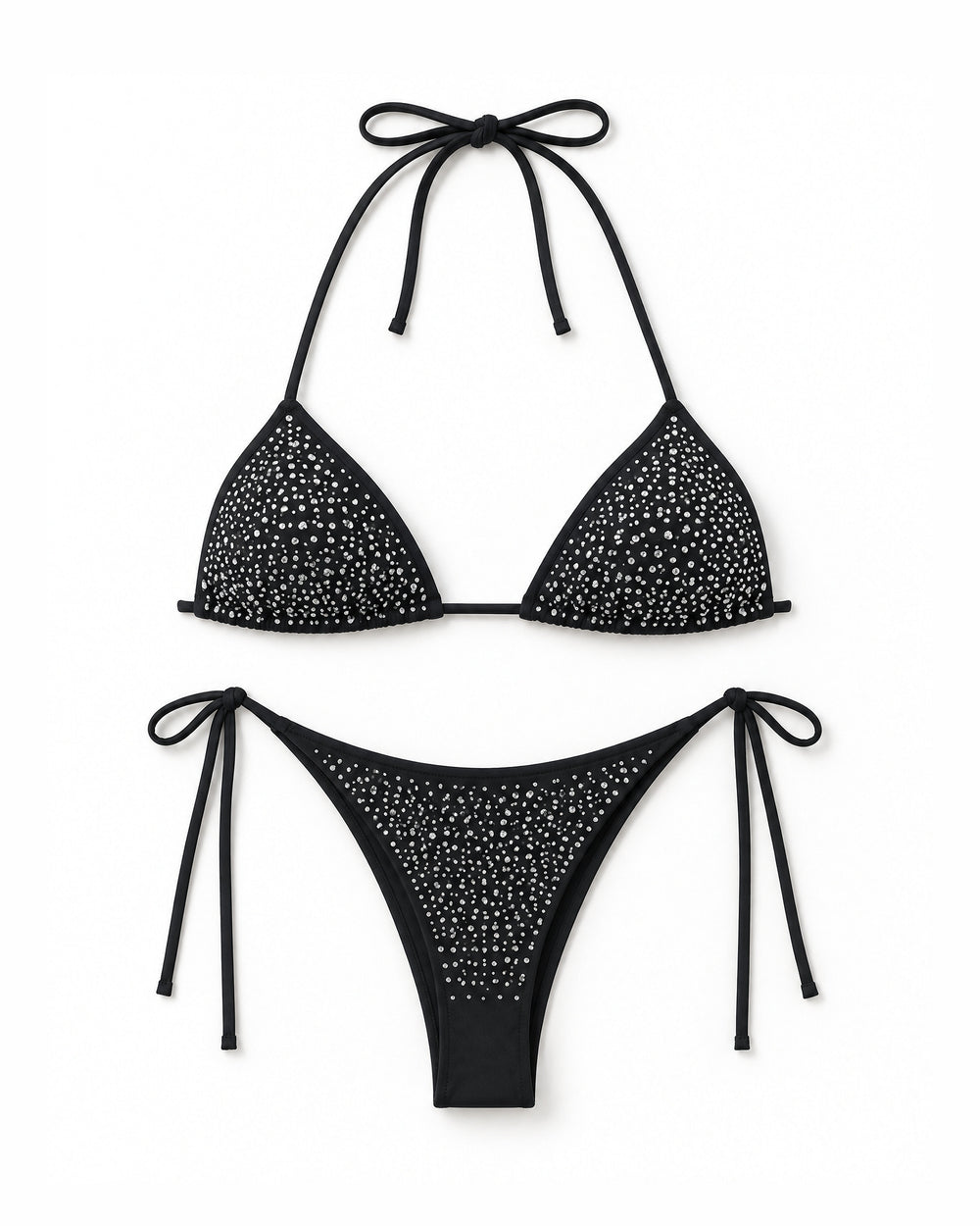 Biquíni Cortininha com Strass Copacabana — Preto, conjunto completo de top e calcinha