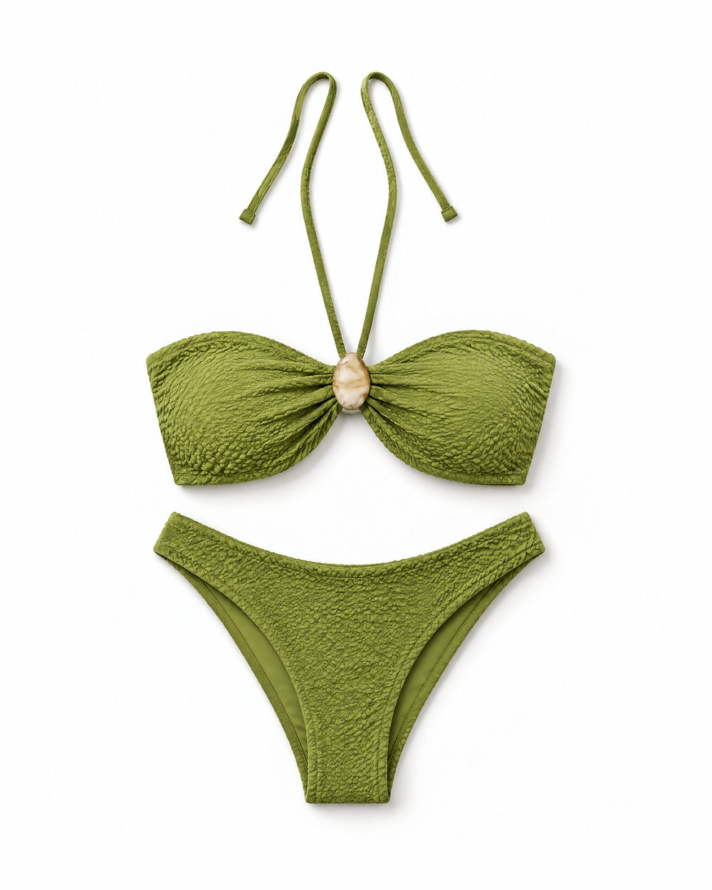 Biquíni Tomara que Caia Frente Única com Pedra Jacquard — Verde Pistache, conjunto completo de top e calcinha