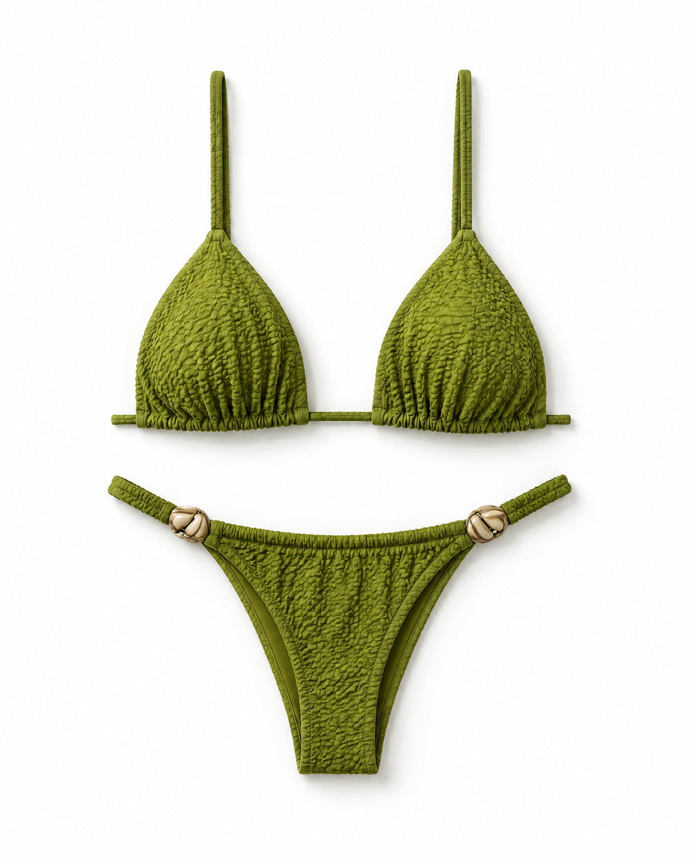 Biquíni Cortininha Texturizado com Conchas Jacquard — Verde Pistache, conjunto completo de top e calcinha