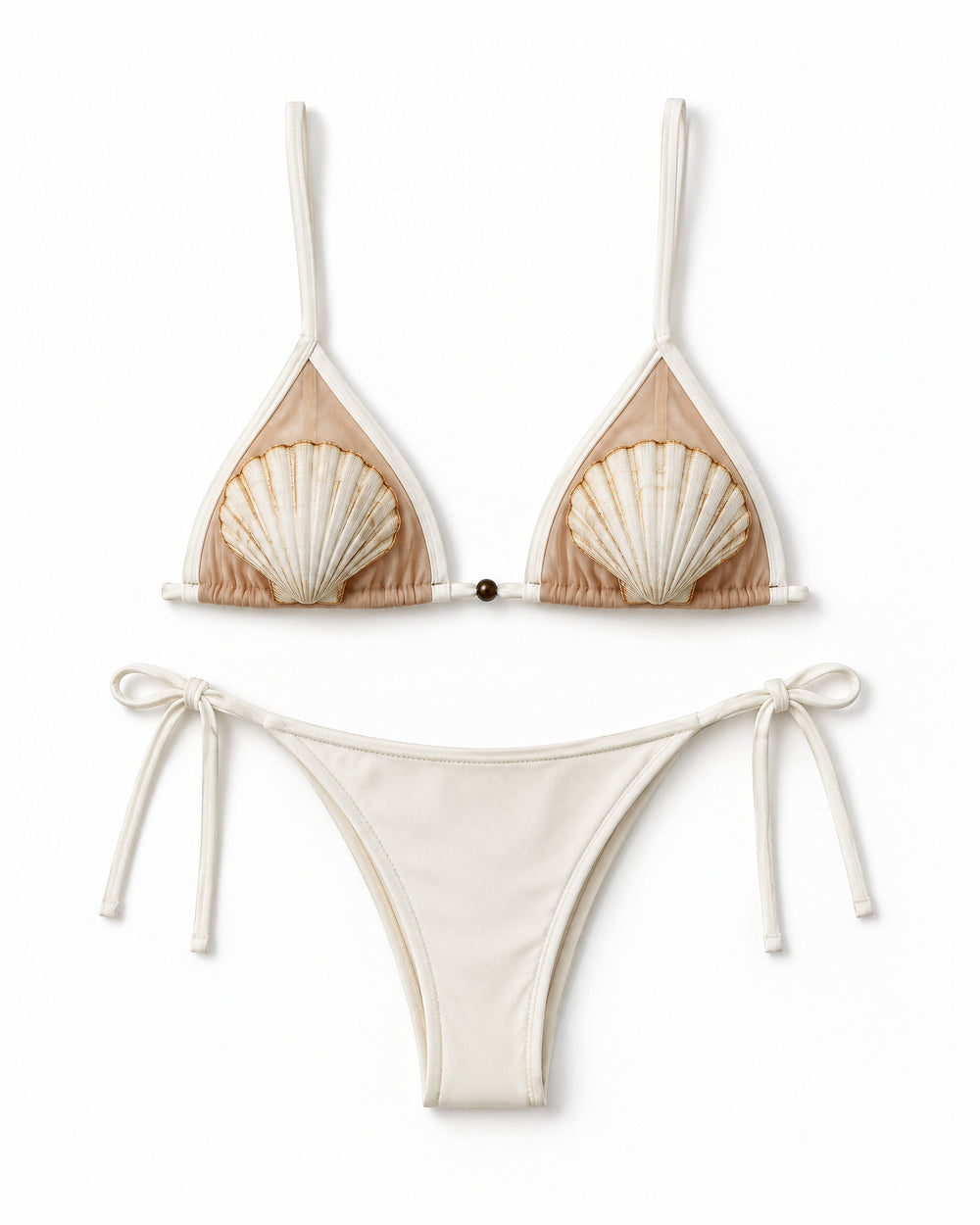 Biquíni Cortininha com Conchas Shell — Off White, conjunto completo de top e calcinha