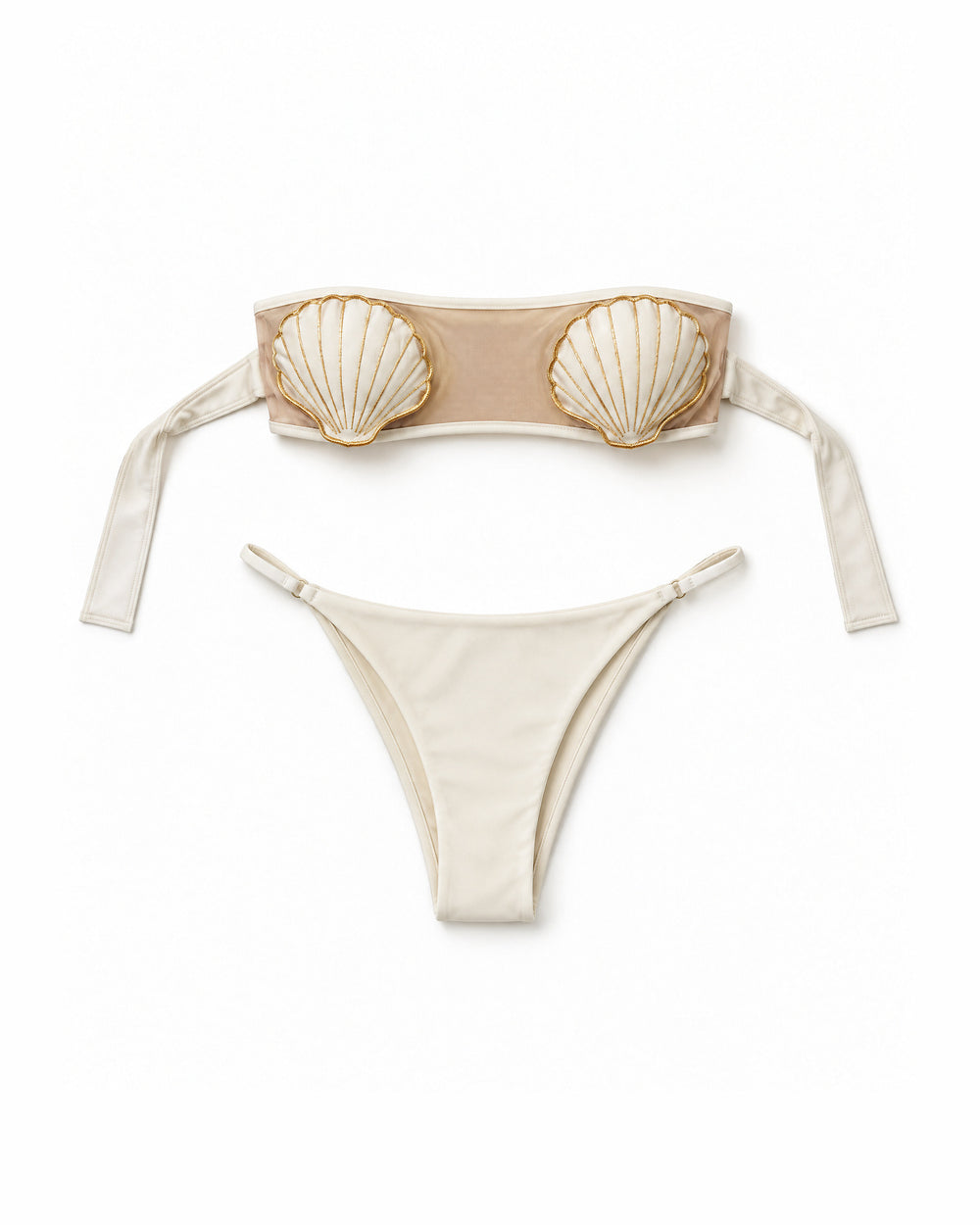 Biquíni Faixa com Conchas Bordadas Shell — Off White, conjunto completo de top e calcinha