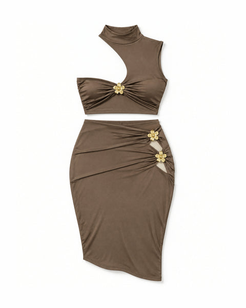 Conjunto Cropped e Saia com Flores Douradas