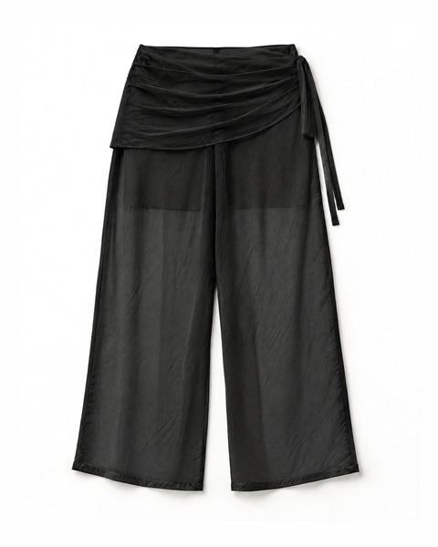 Calça Pantalona de Chiffon com Saia Drapeada Flor da Alma