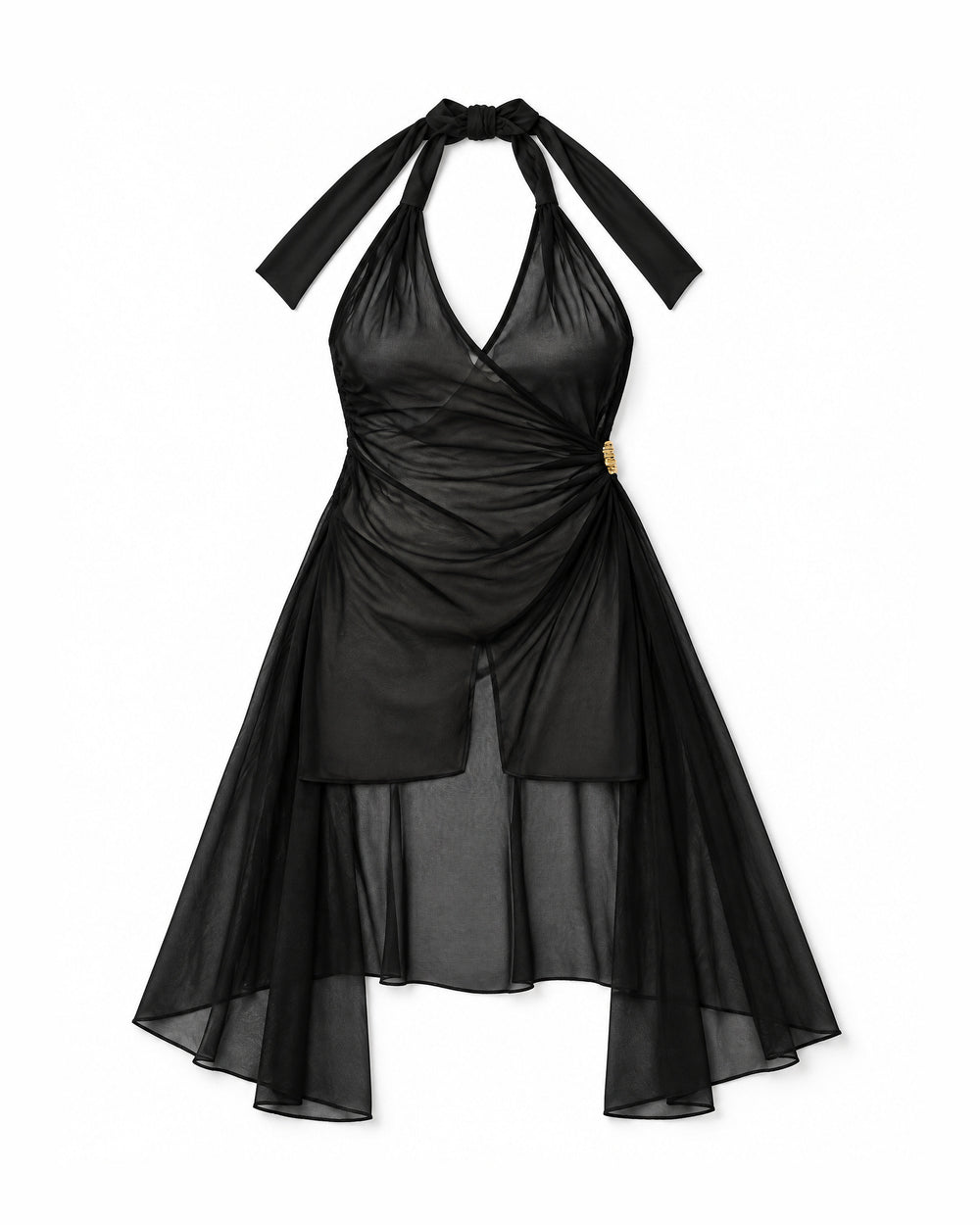 Vestido de Tule Frente Única com Transpasse Chama Dourada — Preto