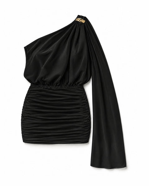 Vestido Curto Ombro Único com Capa Chama Dourada