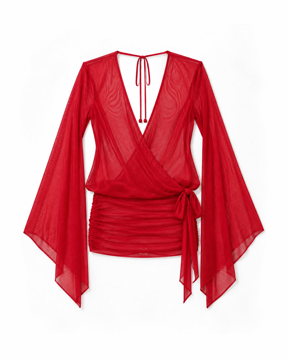 Túnica de Tule com Mangas Sino Carmen — Vermelho