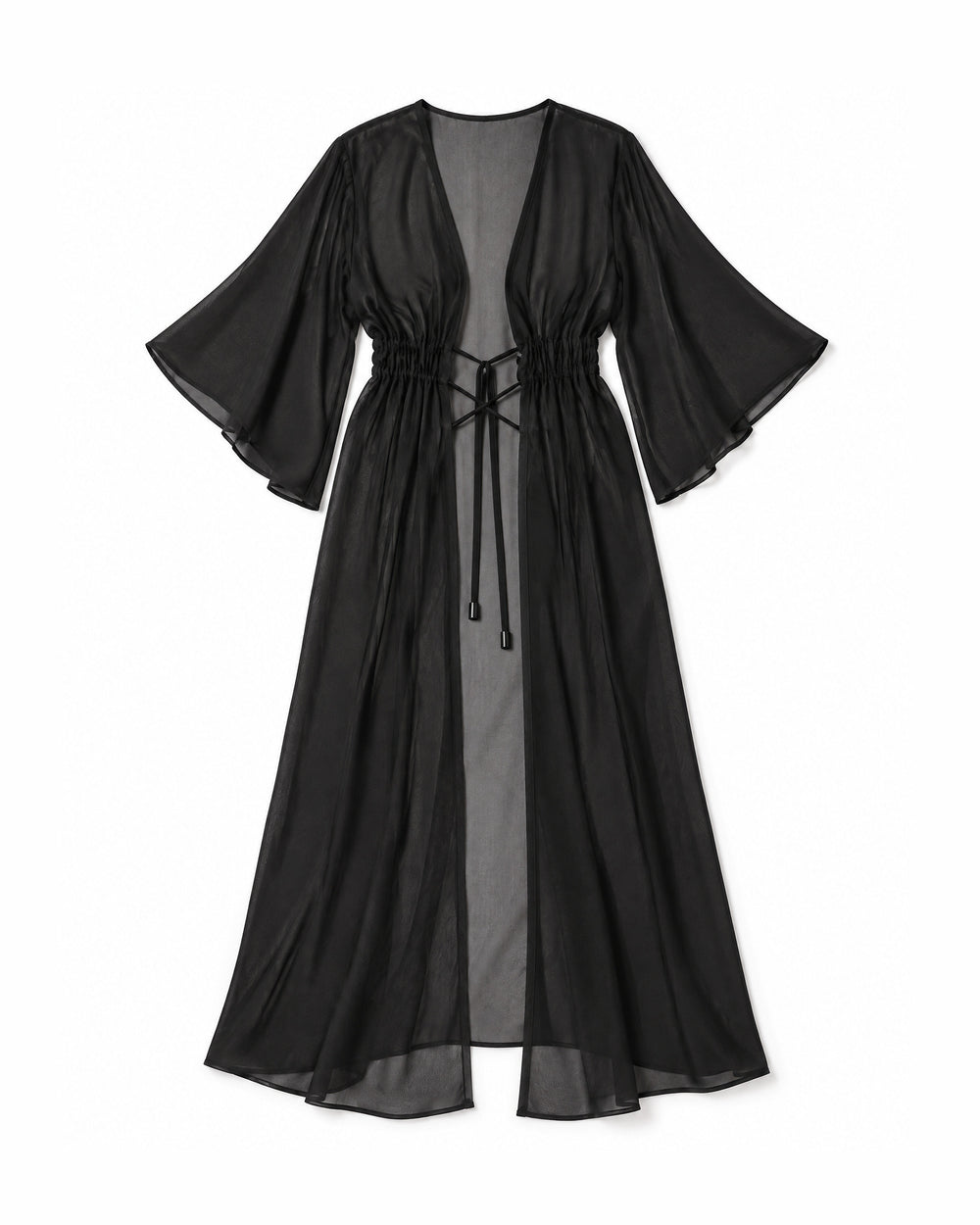 Kaftan Longo de Chiffon com Mangas Amplas — Preto
