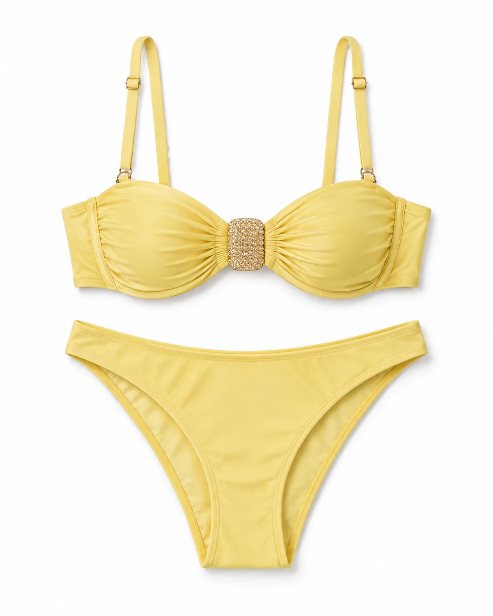 Biquíni Feminino com Aviamento Dourado no Decote - Moda Praia Capim Santo — Amarelo Claro, conjunto completo de top e calcinha