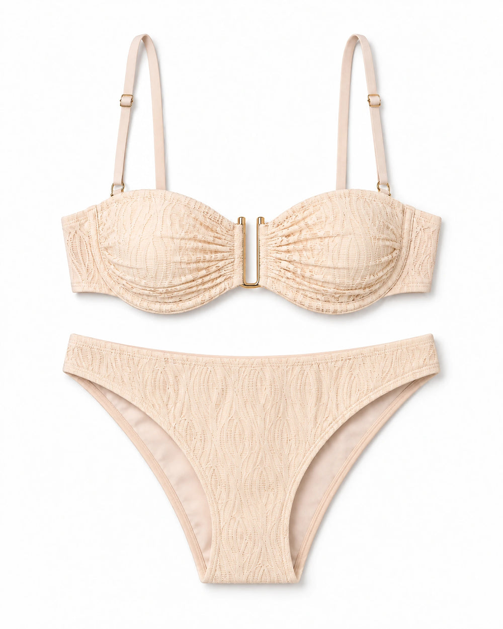 Biquíni Bandeau Franzido — Nude, conjunto completo de top e calcinha